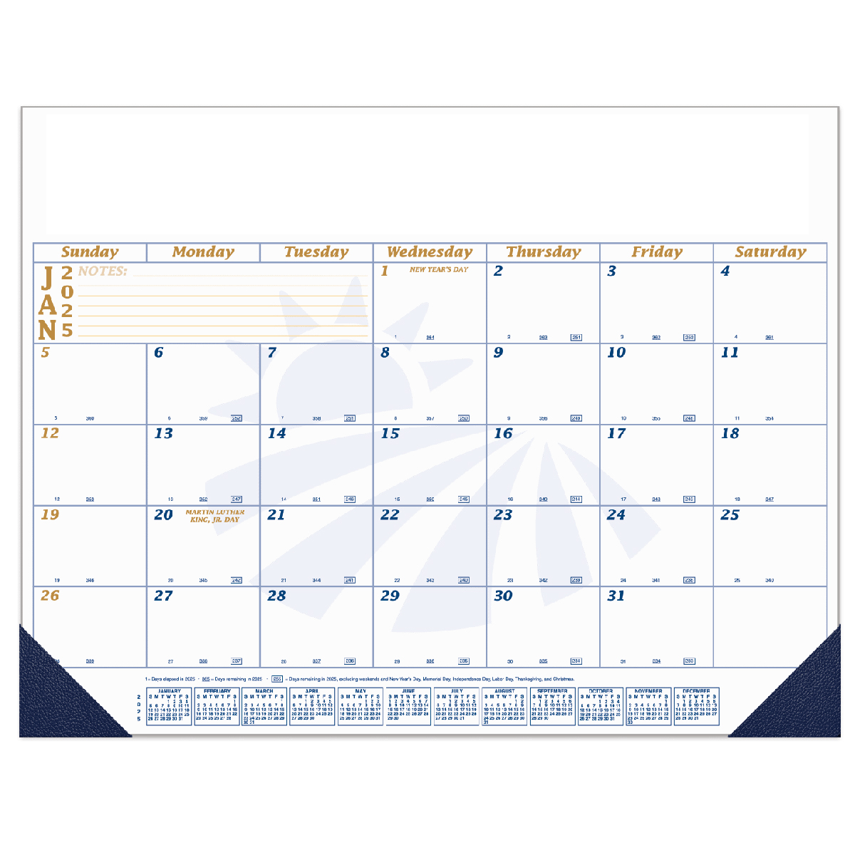 Blue/Gold 12 Month Desk Calendar | 22" x 17" - Blue & Gold