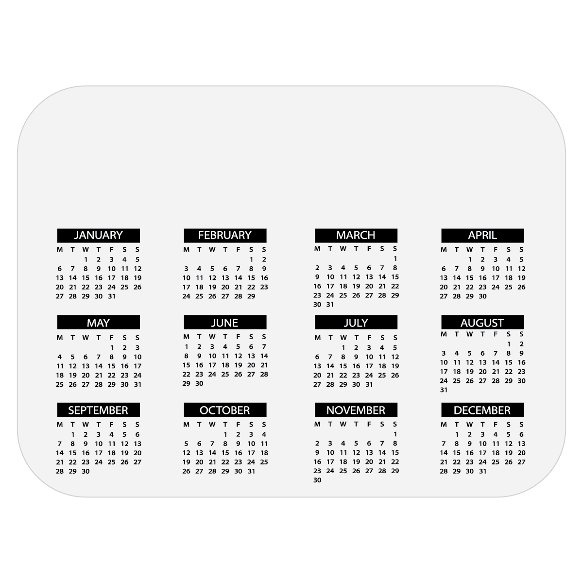 White 6x8 Calendar Hard Top Custom Rectangle Mouse Pad with 1/16” Rubber Base