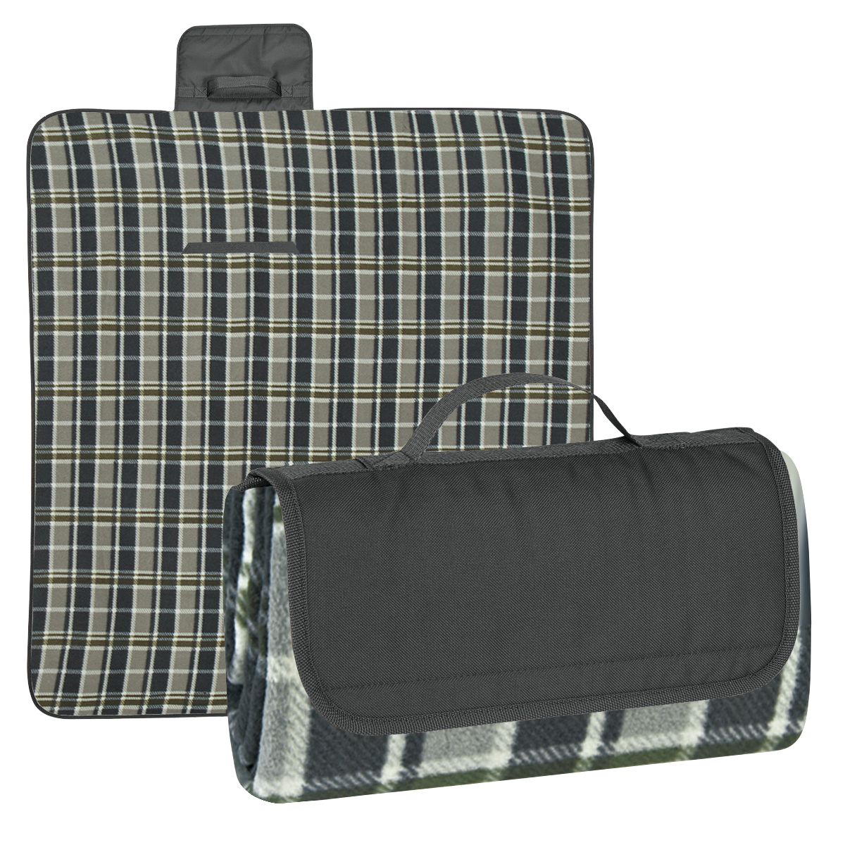 Black Flap with Black and Gray Plaid Blanket Roll-Up Picnic Blanket