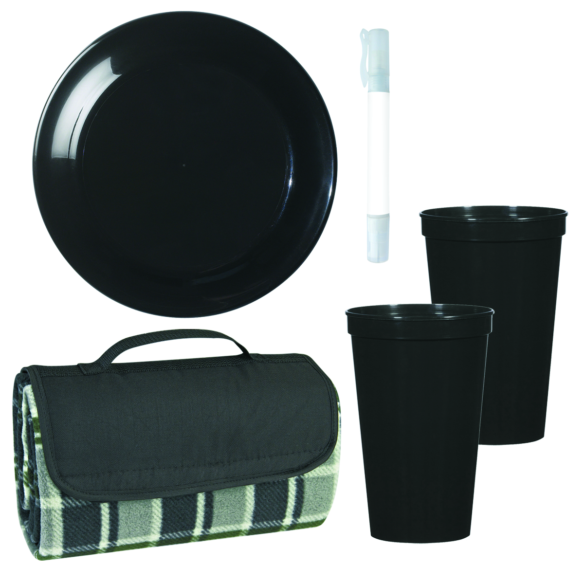 Black (Black/Gray Plaid Blanket, Black Discus and Stadium Cups) Picnic In The Park Kit