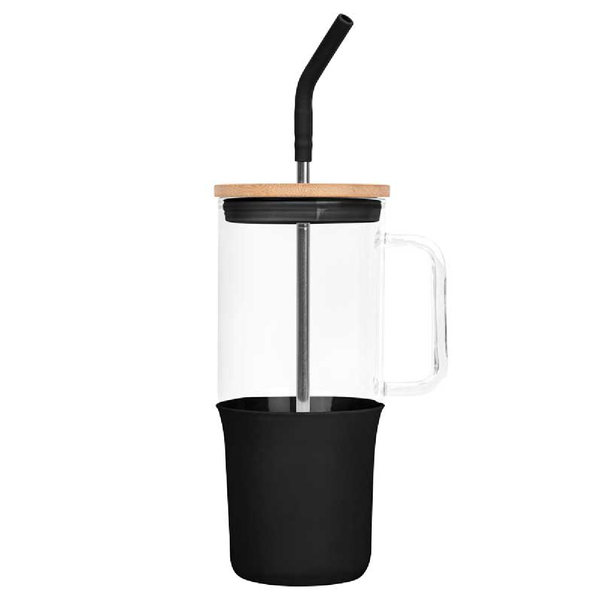 Black Glass Tumbler with Handle and Straw